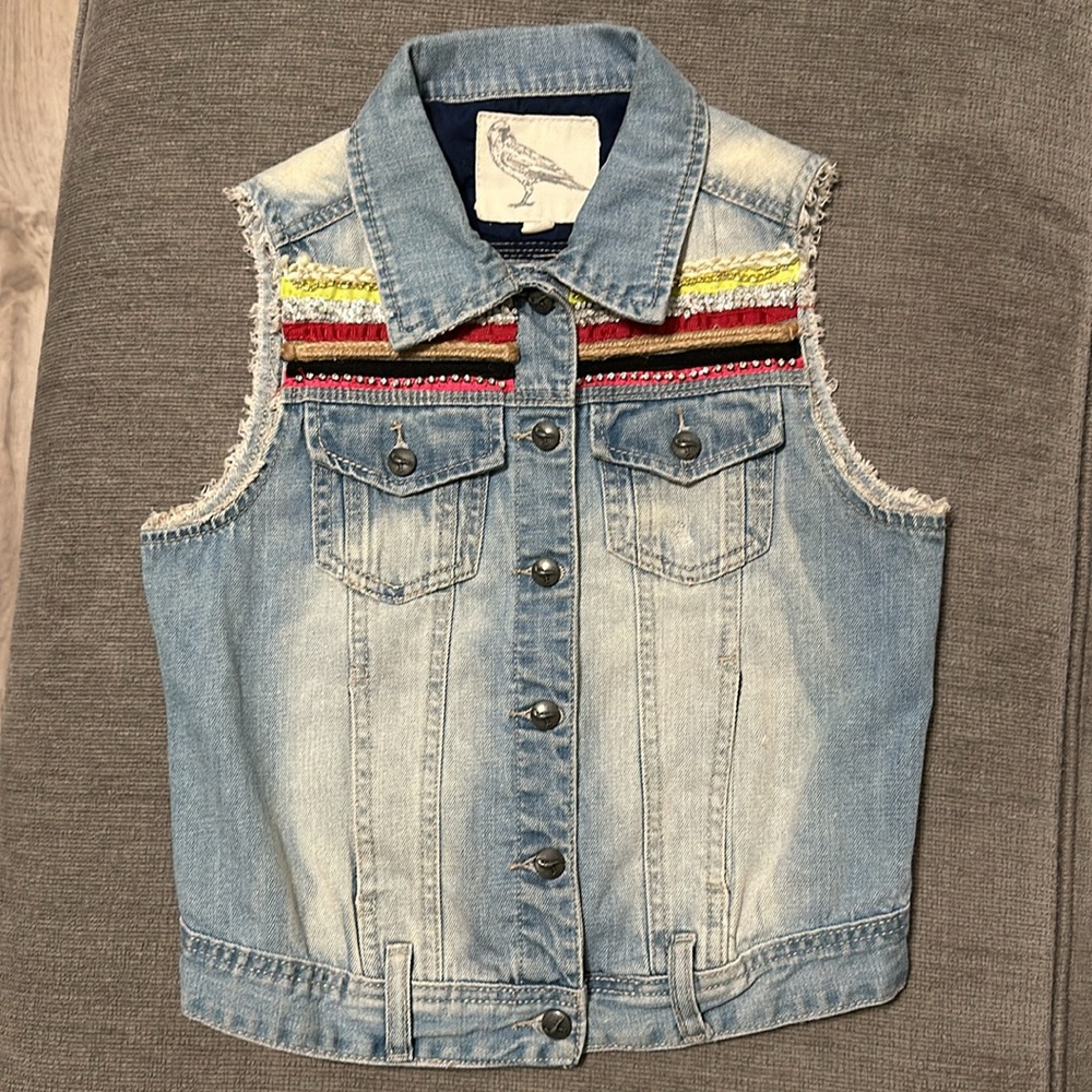 Anthropologie Bird Label Sleeveless Boho Embellished Denim Vest size XS